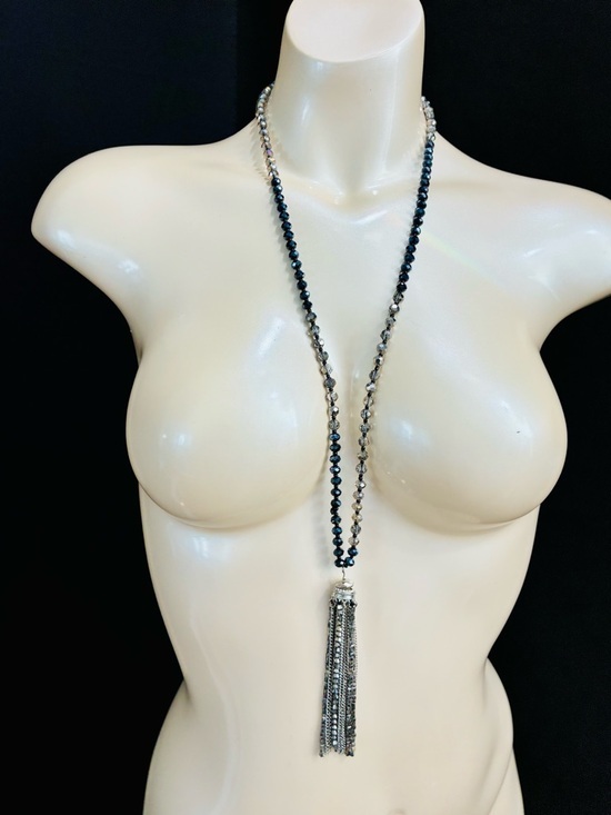 Murano Jewelry - Murano Black and Silver Bead Necklace with Silver Tassel